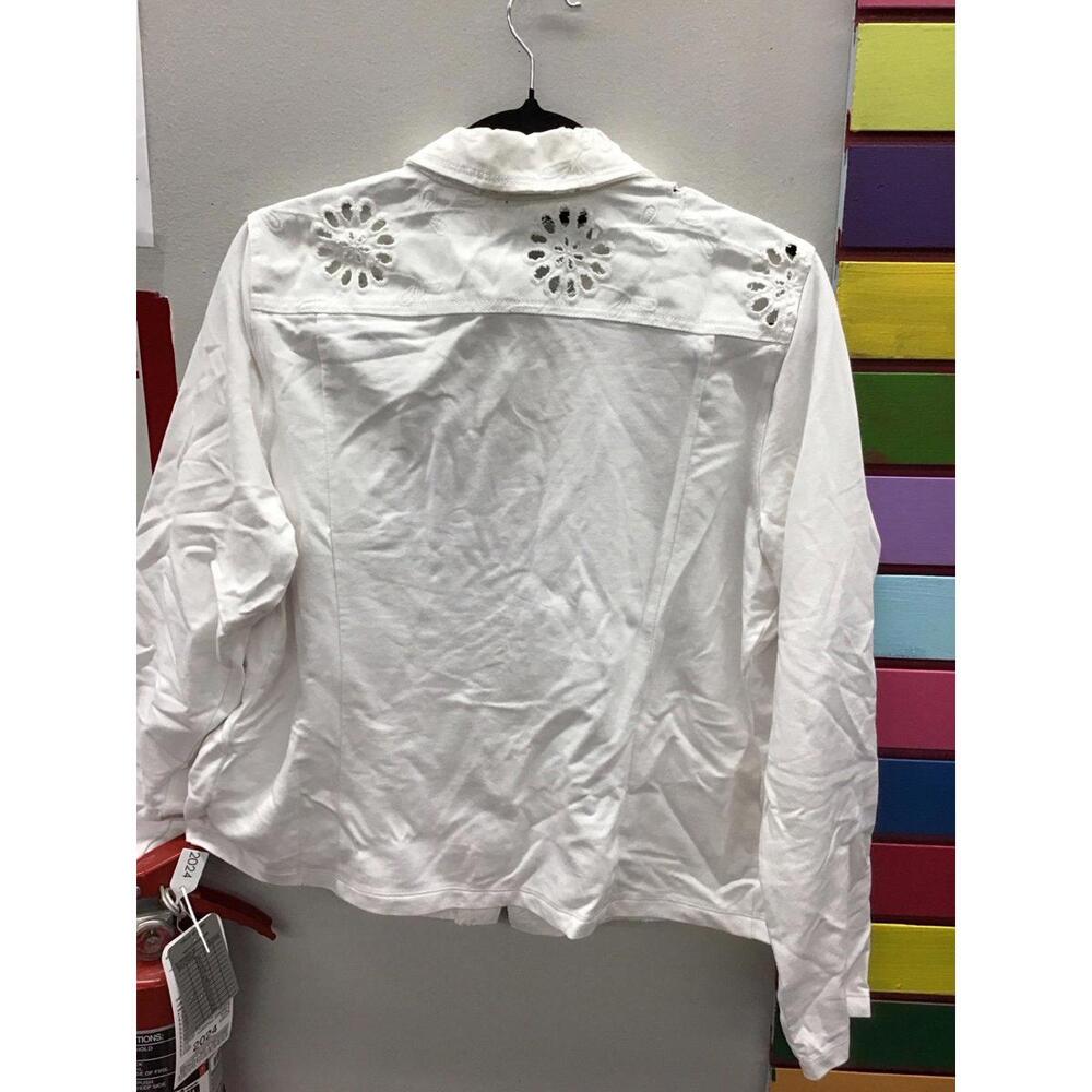 Belle by Kim Gravel eyelet jacket w knit sleeves and back white medium new QVC - Picture 2 of 4